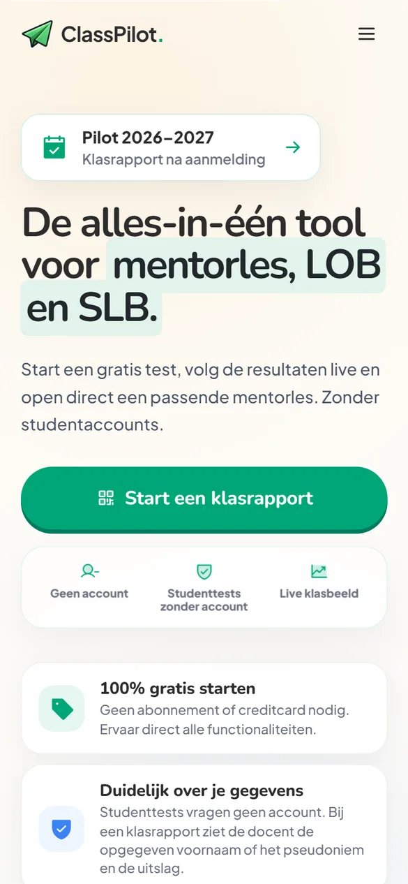 Mobiele homepage van ClassPilot