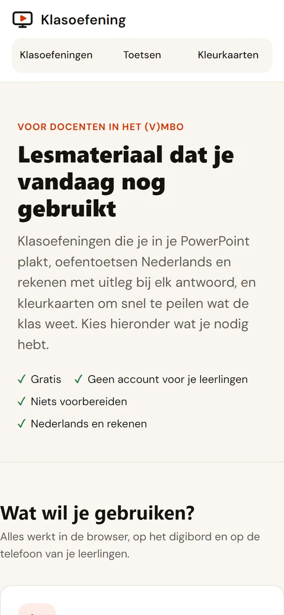 Mobiele homepage van Klasoefening