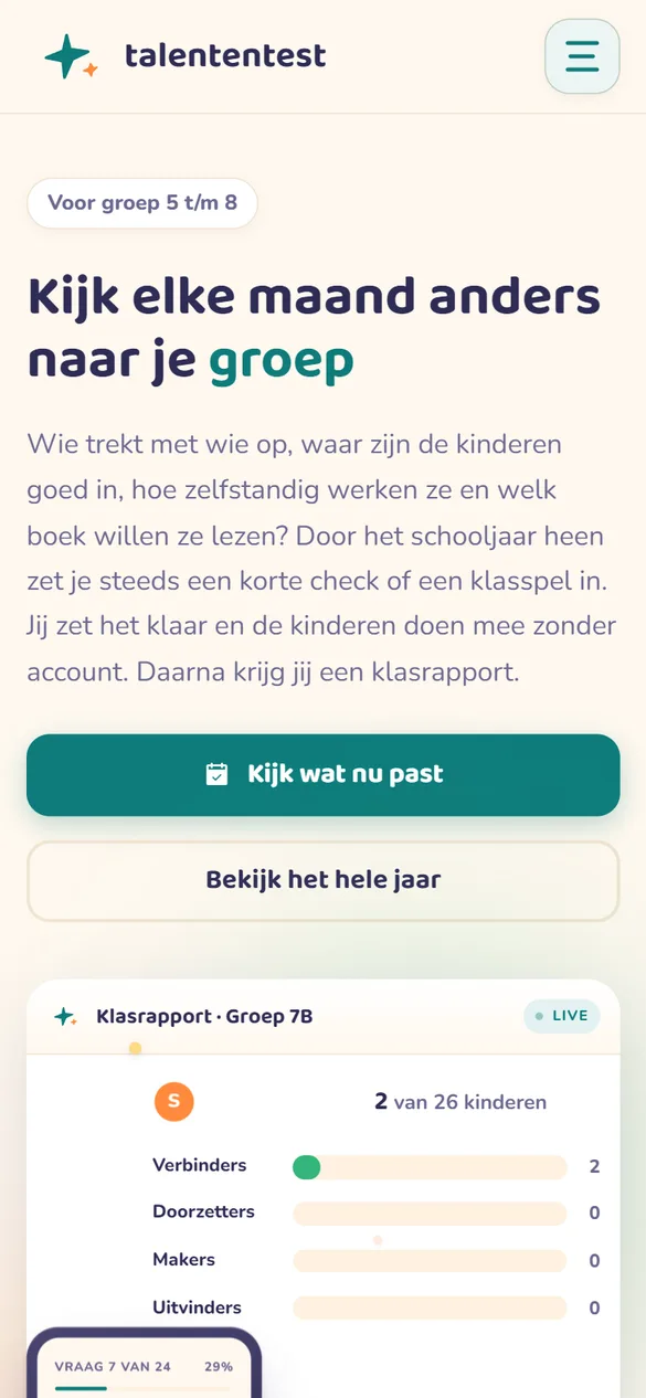 Mobiele homepage van Talententest