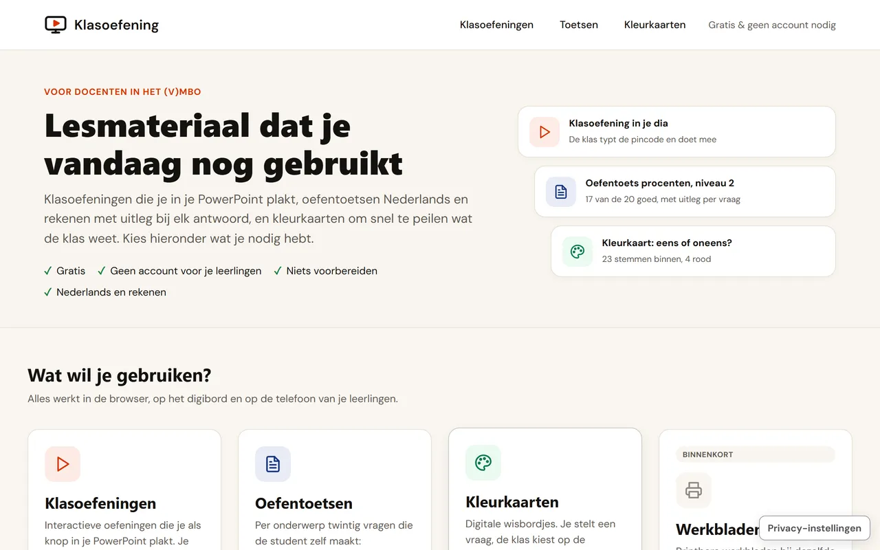 Homepage van Klasoefening