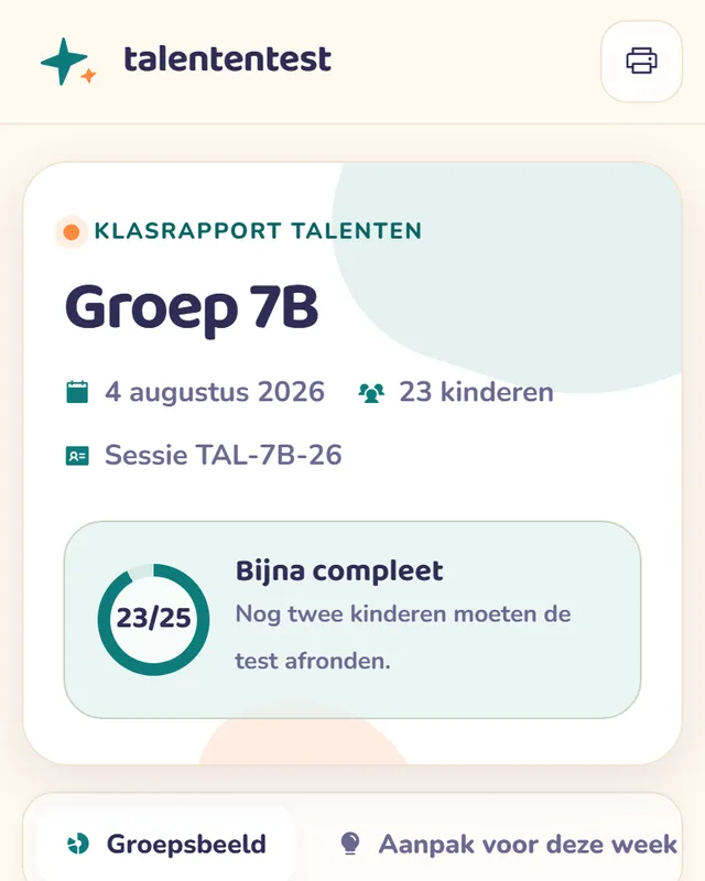 Klasrapport van Talententest voor de leerkracht